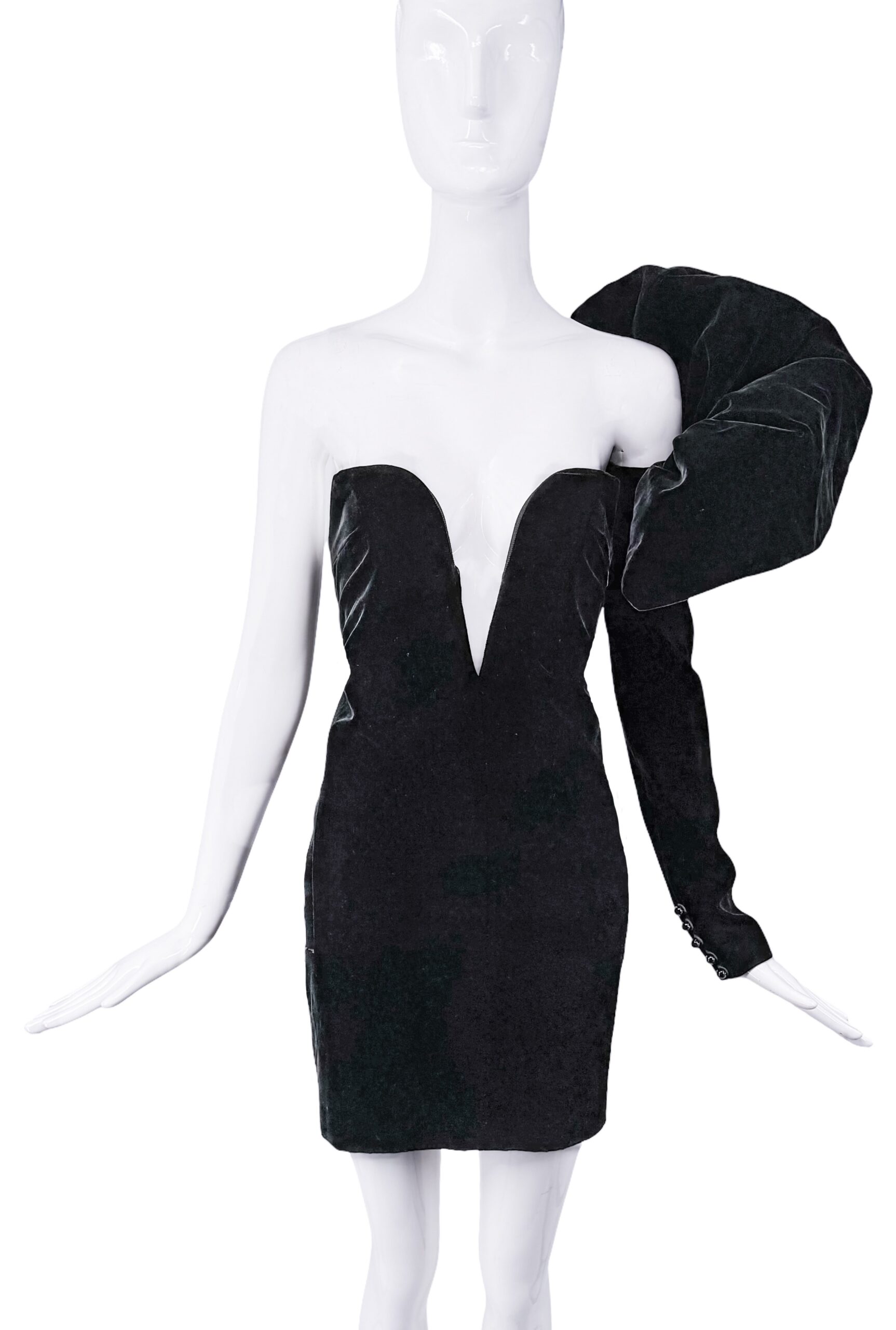 Saint Laurent Black Velvet Puffy Sleeve Deep V Cut Out Dress Saint Laurent Black Velvet Puffy Sleeve Deep V Cut Out Dress