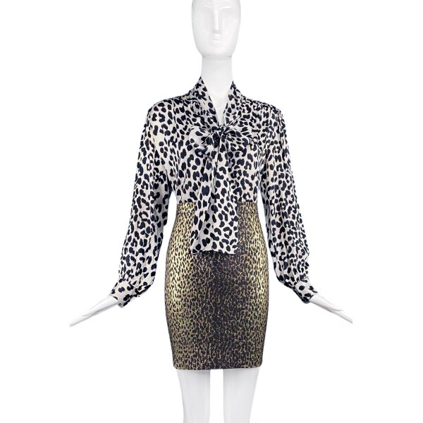 Saint Laurent Rive Gauche Black & White Leopard Bow Blouse