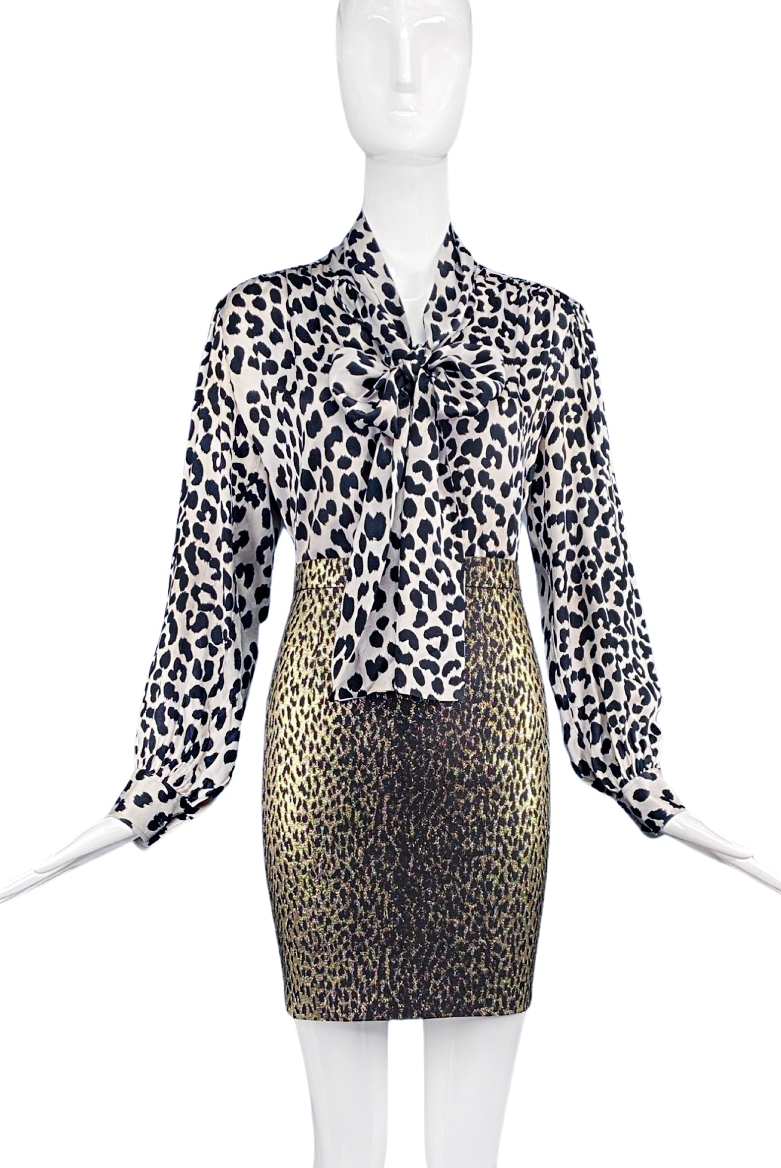 Saint Laurent Rive Gauche Black & White Leopard Bow Blouse Saint Laurent Rive Gauche Black & White Leopard Bow Blouse