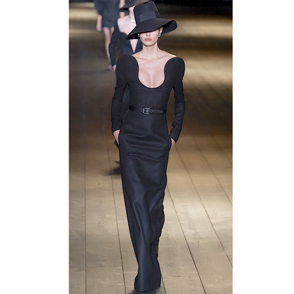 Saint Laurent Black Cut Out Swirl Round Shoulder Felt Wool Long Sleeve Corset Gown Fall 2018
