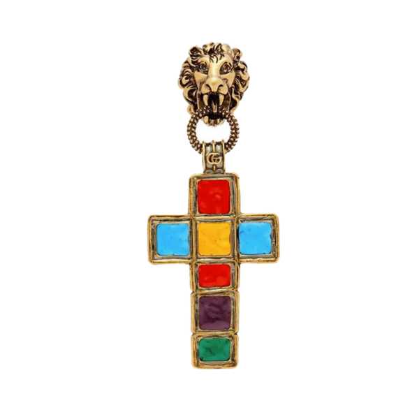 Gucci Multi Color Cross With Lion Head Stud Earring
