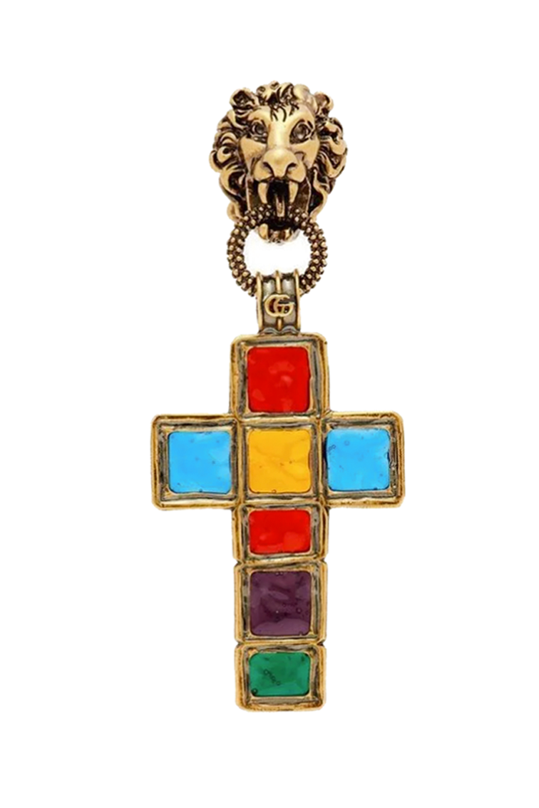 Gucci Multi Color Cross With Lion Head Stud Earring Gucci Multi Color Cross With Lion Head Stud Earring