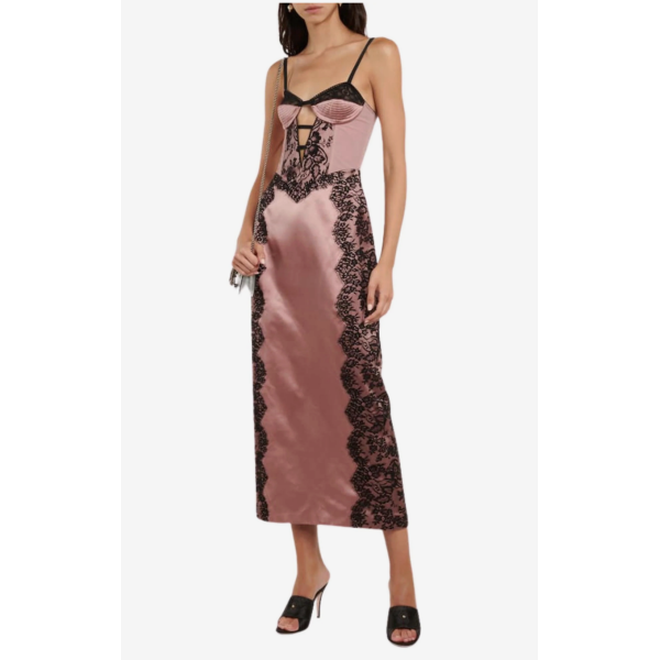 Gucci Pink Black Silk Lace Cut Out Corset Dress Gown