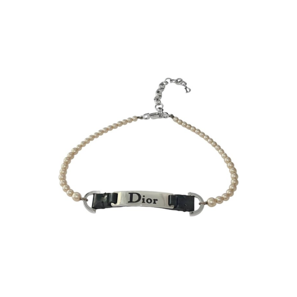 Christian Dior Black Leather Logo Plate Pearl Choker Necklace