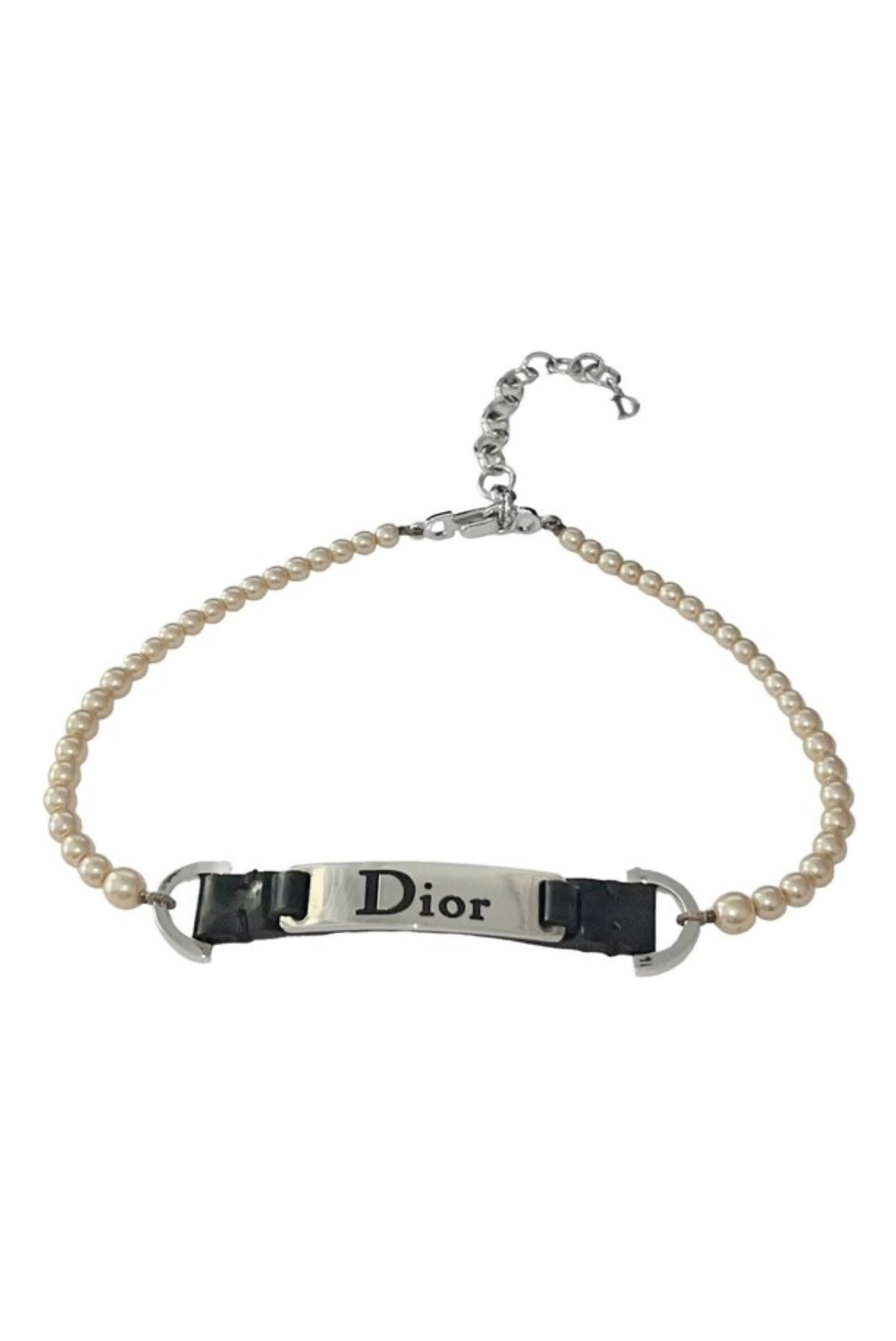 Christian Dior Black Leather Logo Plate Pearl Choker Necklace Christian Dior Black Leather Logo Plate Pearl Choker Necklace