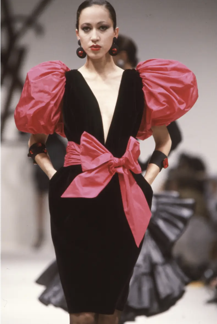 Saint Laurent Rive Gauche Black Velvet Dress with Pink Fuchsia Gigot Sleeves Saint Laurent Rive Gauche Black Velvet Dress with Pink Fuchsia Gigot Sleeves