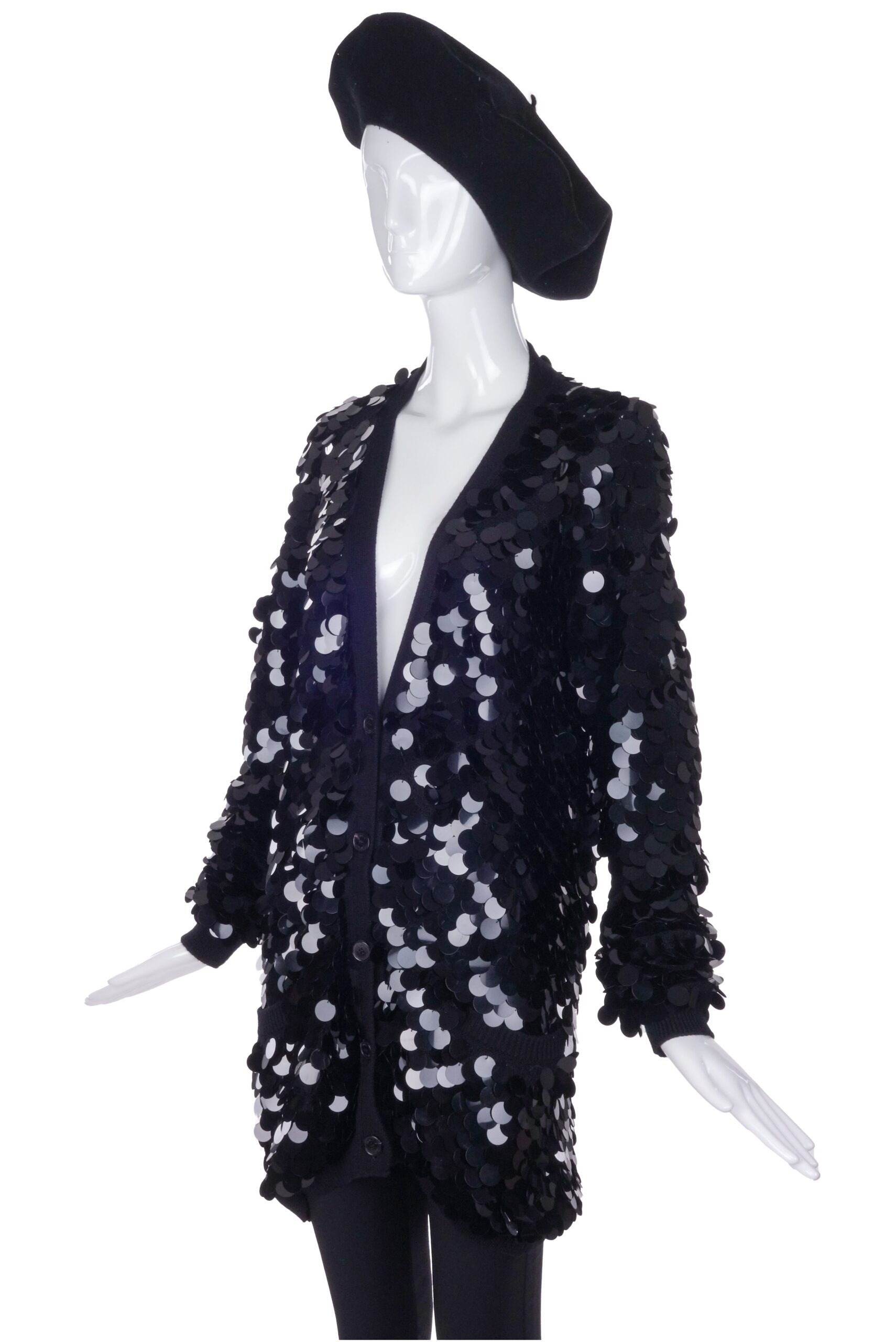 Sonia Rykiel Black Oversized Sequin Cardigan Oversized Beret Hat Sonia Rykiel Black Oversized Sequin Cardigan Oversized Beret Hat