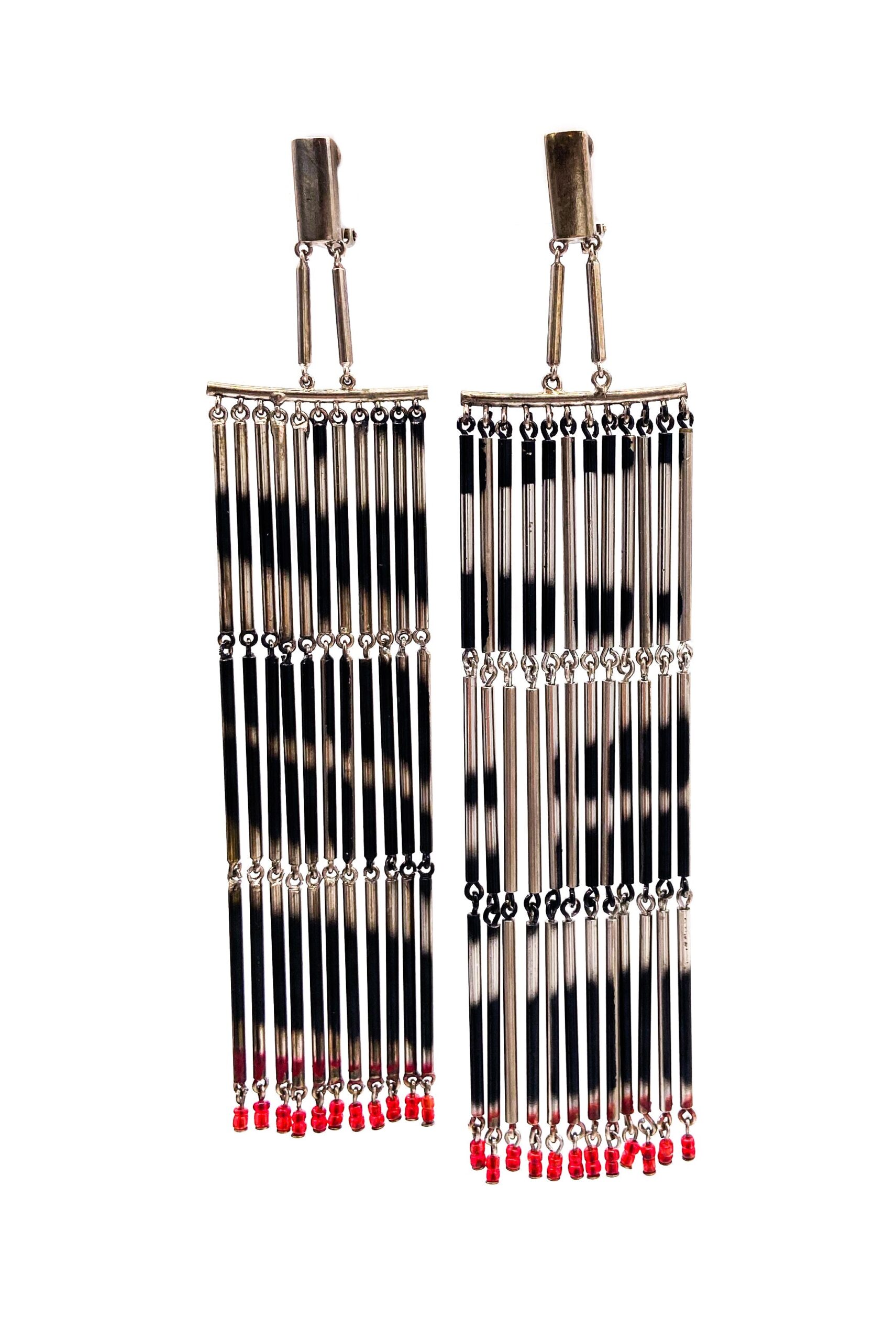 Valentino Haute Couture Silver Fringe Zebra Earrings with Red Glass Beads FW1999 Valentino Haute Couture Silver Fringe Zebra Earrings with Red Glass Beads FW1999