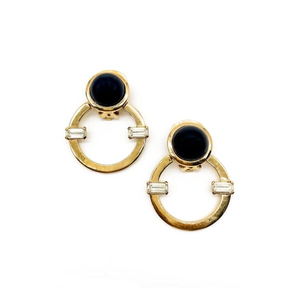 Valentino Hoop Gold Crystal Black Geometric Art Deco Vintage Earrings