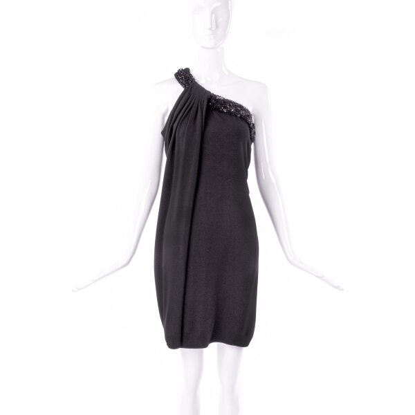 Valentino Night Black One Shoulder Dress with Bead and Sequin Detail