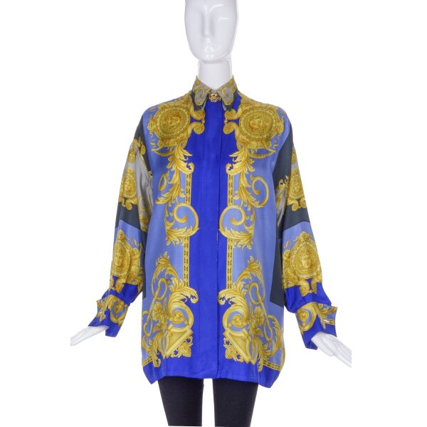 Versace Vintage Blue and Gold Baroque Medusa Print Silk Shirt