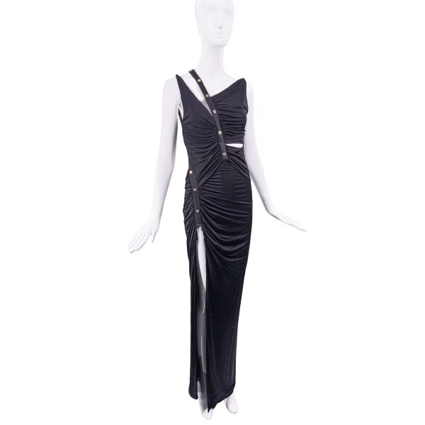 Versace Black Cut Out Gold Medusa Strippy Strap Gown Dress