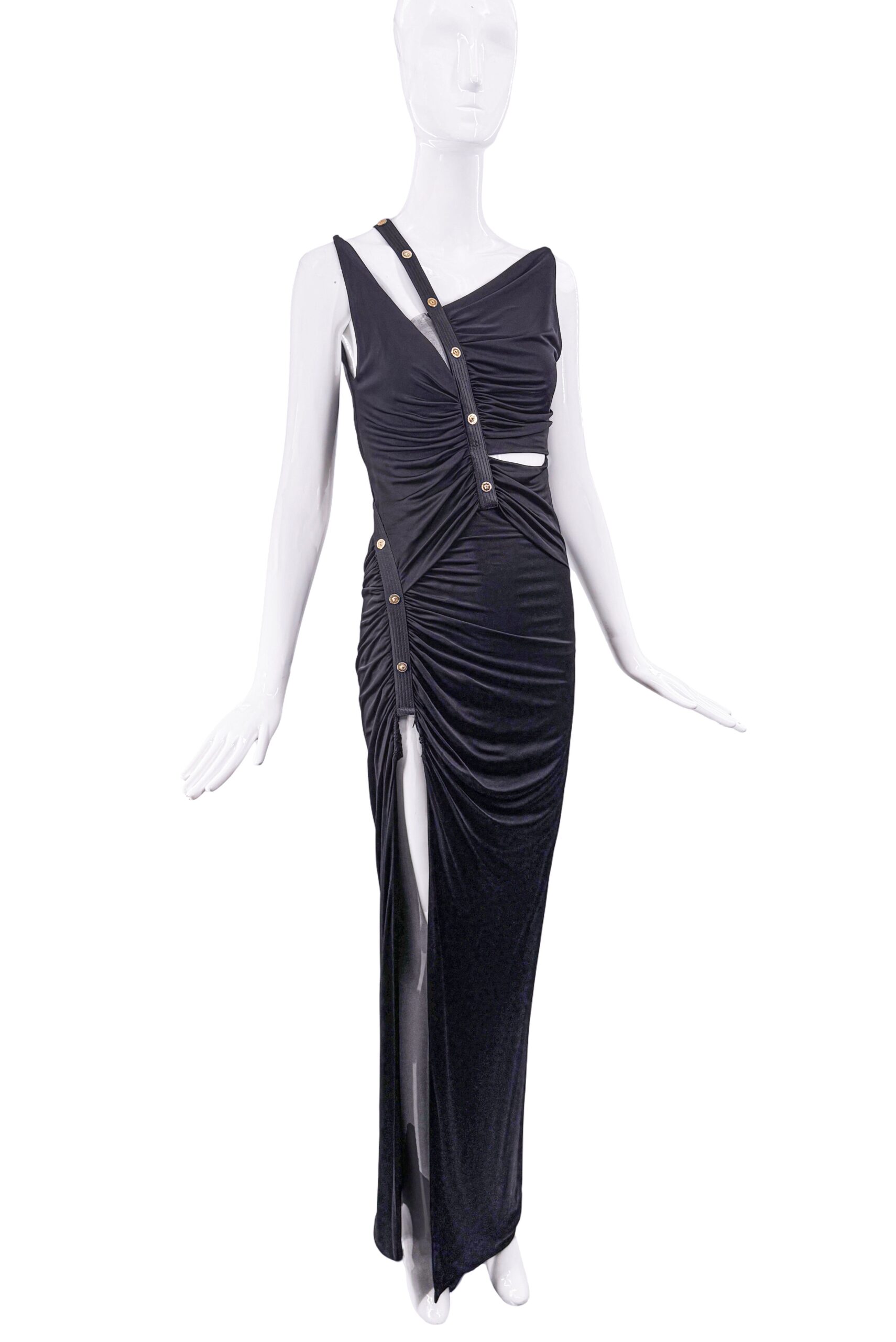 Versace Black Cut Out Gold Medusa Strippy Strap Gown Dress Versace Black Cut Out Gold Medusa Strippy Strap Gown Dress