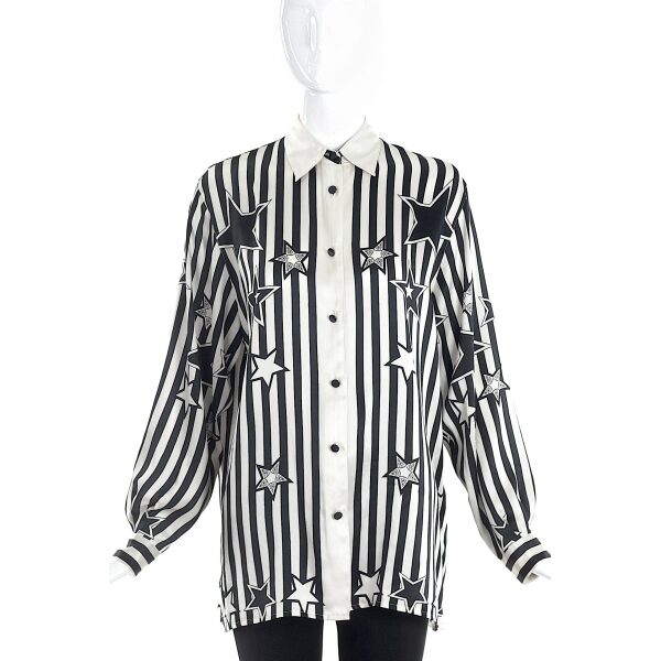 Vintage Black and White Star Print Silk Button-Up Shirt
