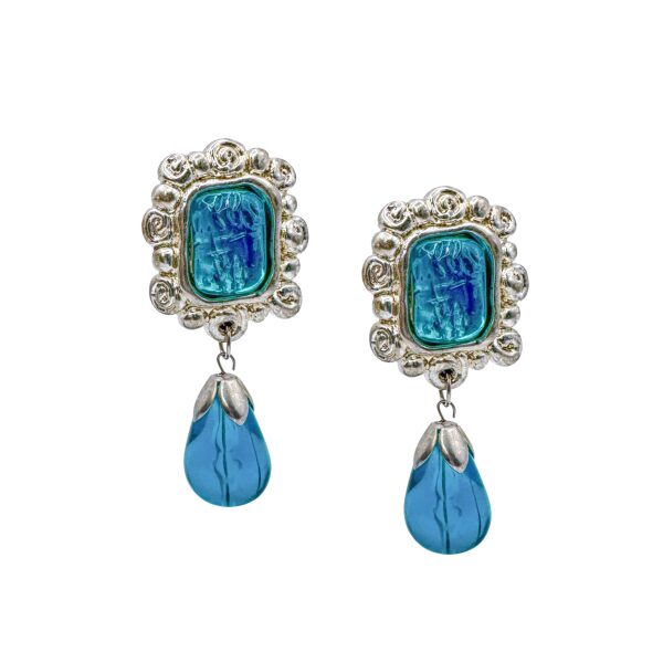 Vintage Silver & Blue Embellished Drop Earrings