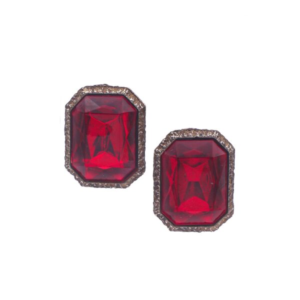 Vintage Gold Ruby Red Huge Square Costume Clip-On Earring