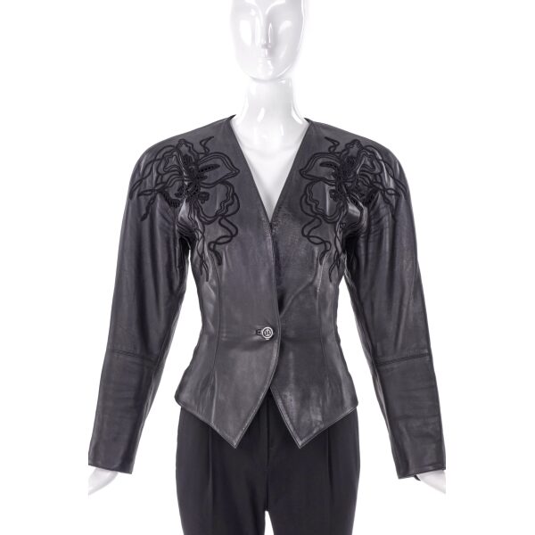 Loewe Vintage Black Leather Jacket with Flower Lace Inlay Embroidery
