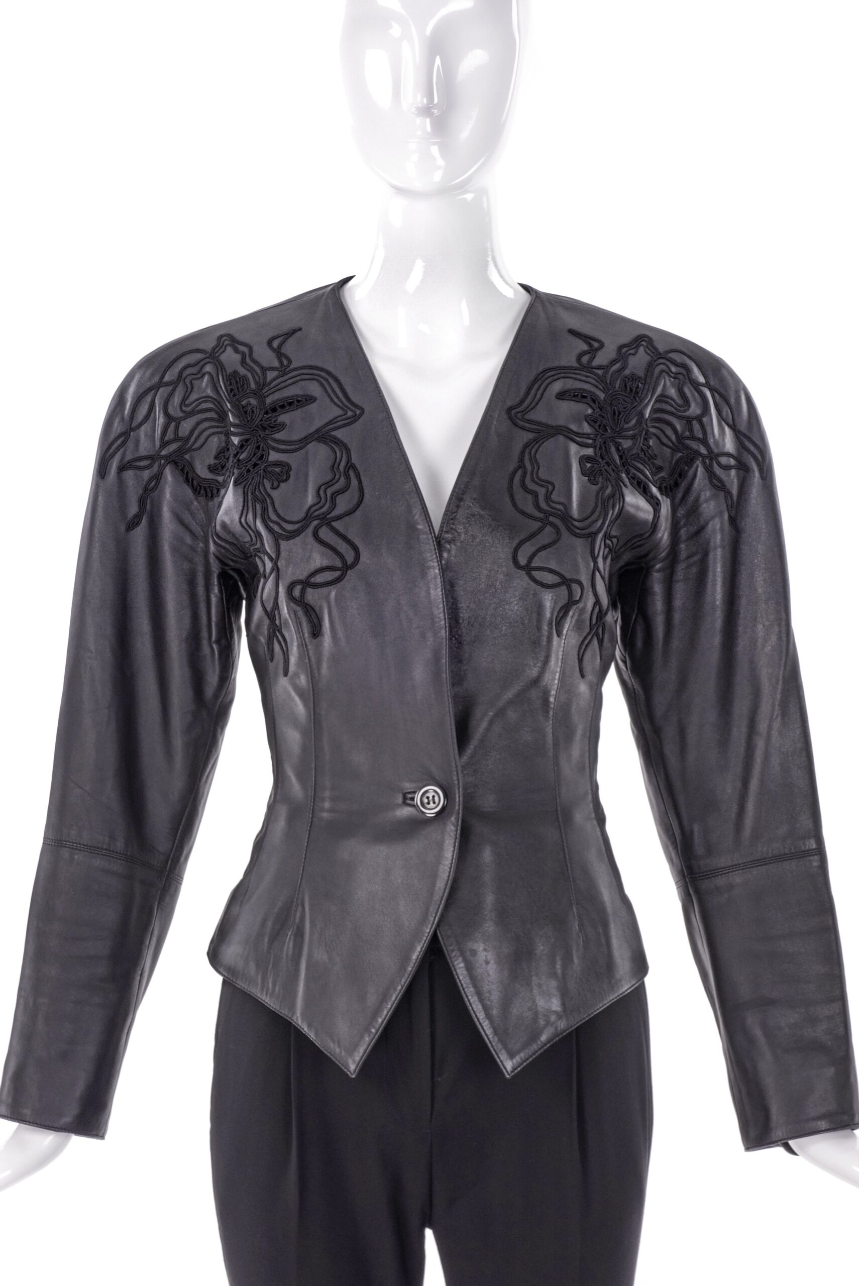 Loewe Vintage Black Leather Jacket with Flower Lace Inlay Embroidery Loewe Vintage Black Leather Jacket with Flower Lace Inlay Embroidery