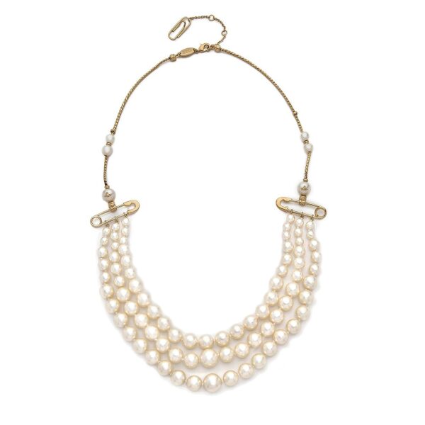 Vivienne Westwood 3 Row Pearl Jordan Necklace with Gold Brass Safety Pin Details