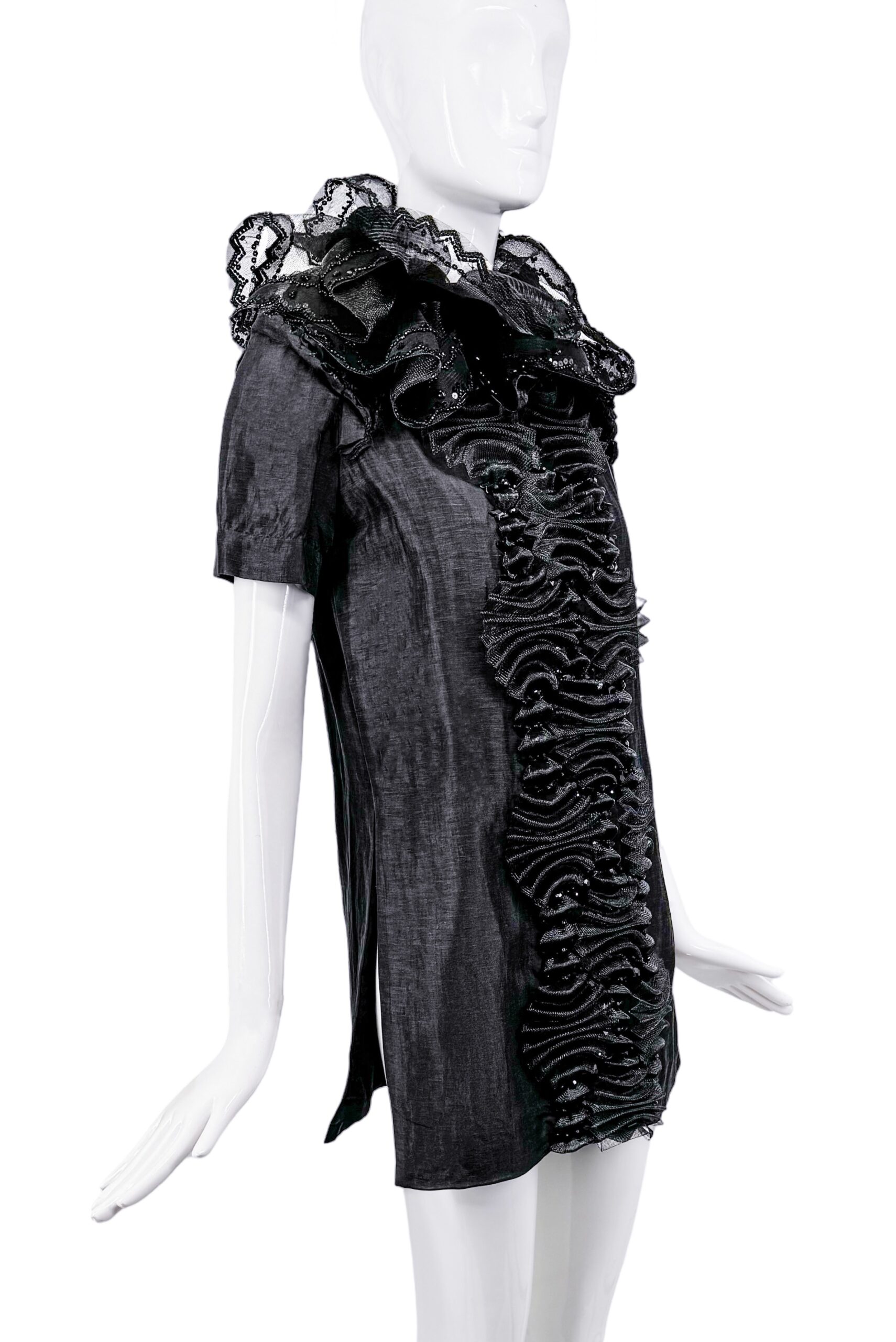 YSL Black Beaded Tulle Ruffle Collar Mini Dress Spring 2006 YSL Black Beaded Tulle Ruffle Collar Mini Dress Spring 2006