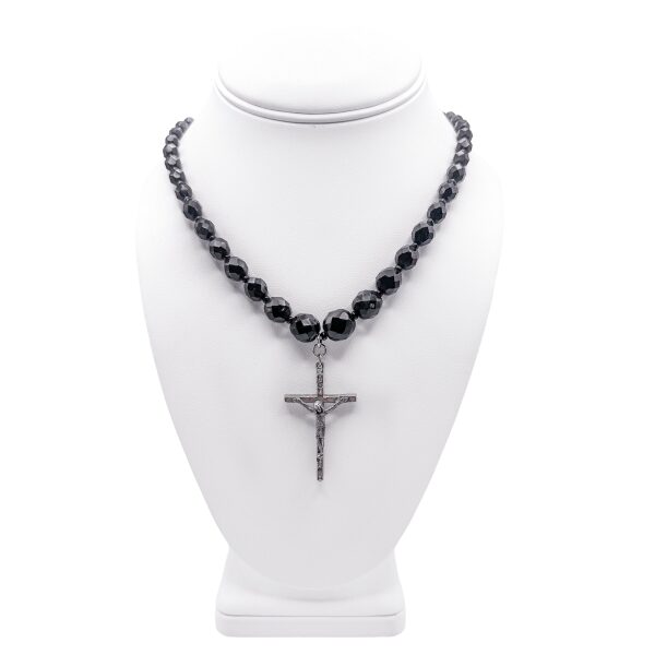 Vintage Black Onyx Bead Rosary Necklace