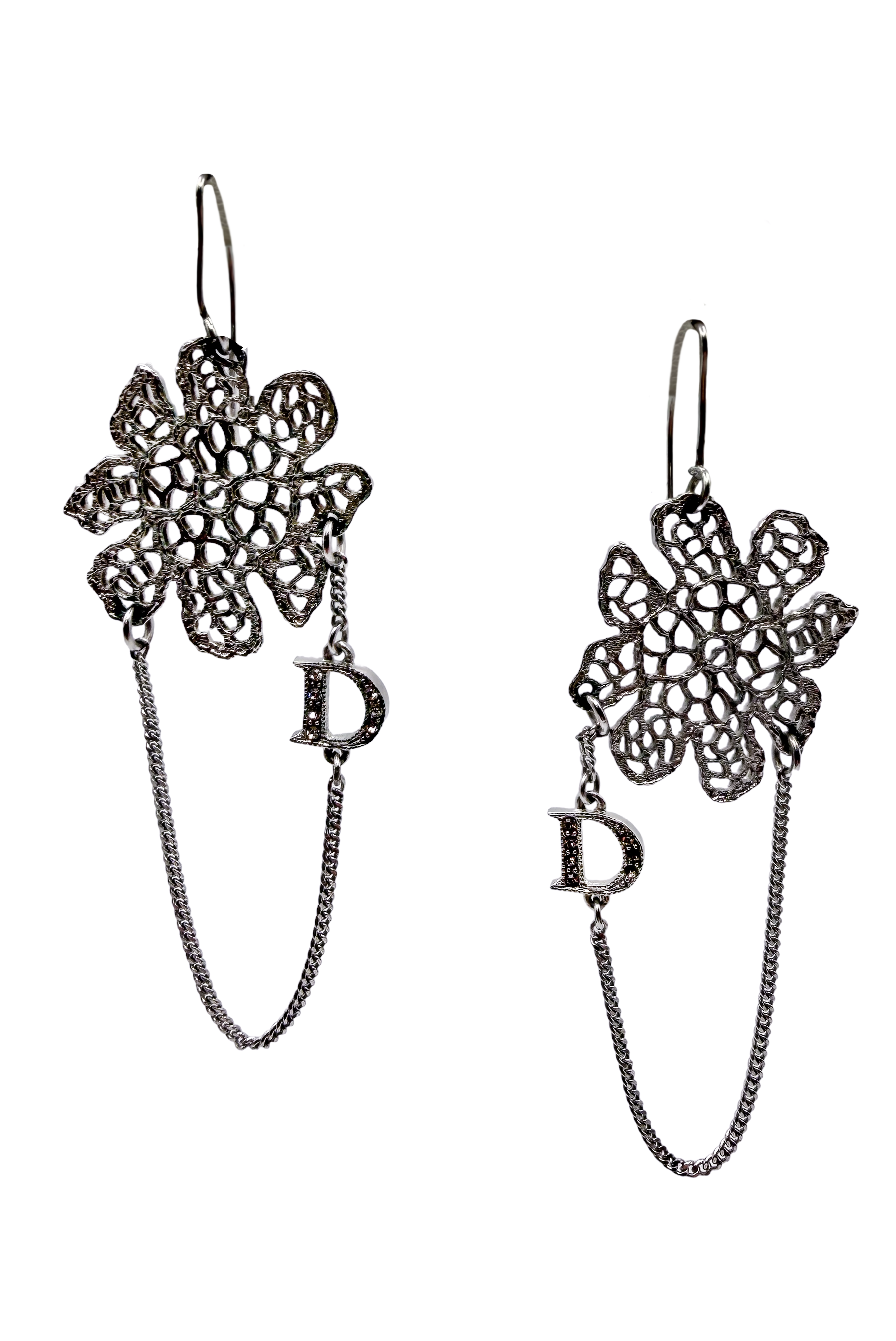 Christian Dior Blackened Silver Flower Draped Chain W/ Pavé D Earrings Christian Dior Blackened Silver Flower Draped Chain W/ Pavé D Earrings
