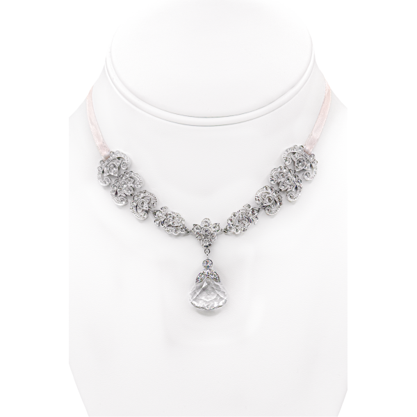 Christian Dior Silver Floral Rhinestones Pink Satin String Teardrop Crystal