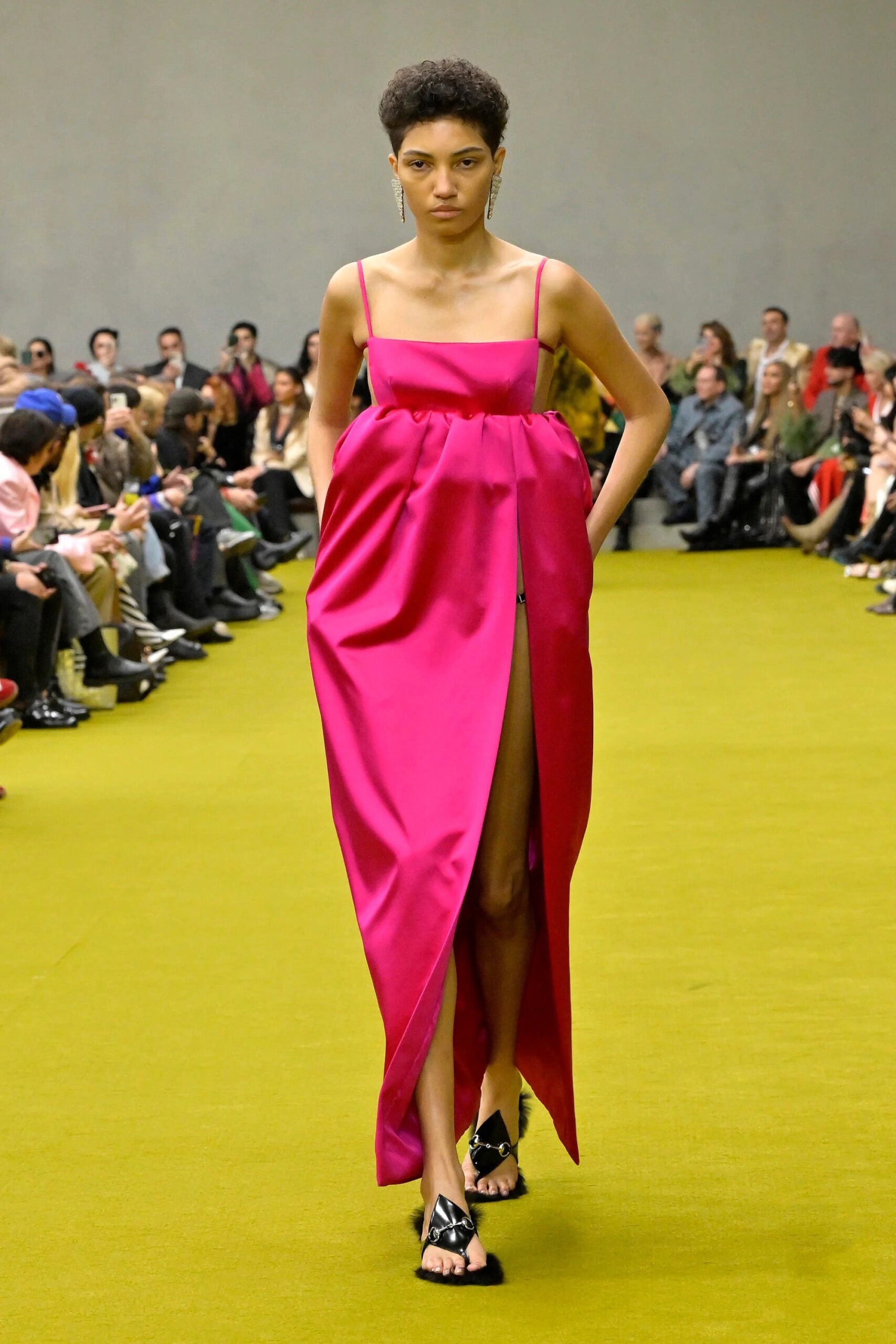 Gucci Pink Silk Slit Cut Out Peplum Gown FW23 Gucci Pink Silk Slit Cut Out Peplum Gown FW23