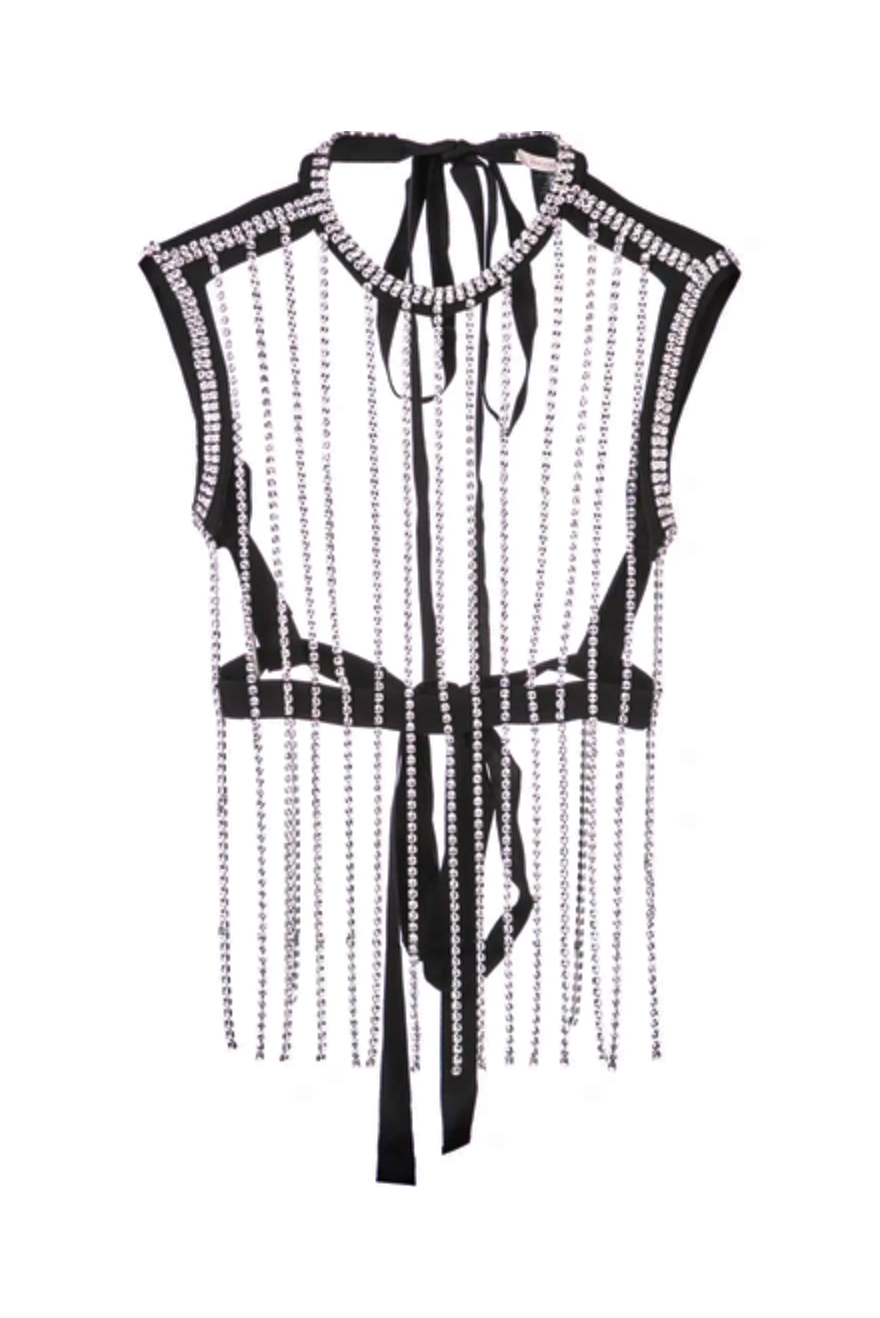 Christopher Kane Crystal Silver Black Gross Grain Fringe Top Pre Fall 2018 Christopher Kane Crystal Silver Black Gross Grain Fringe Top Pre Fall 2018