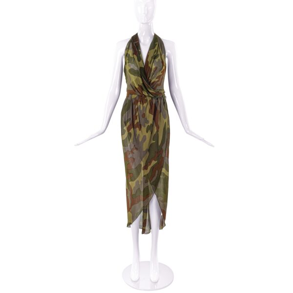 Krizia Green Camouflage Silk Print Halter Wrap Dress