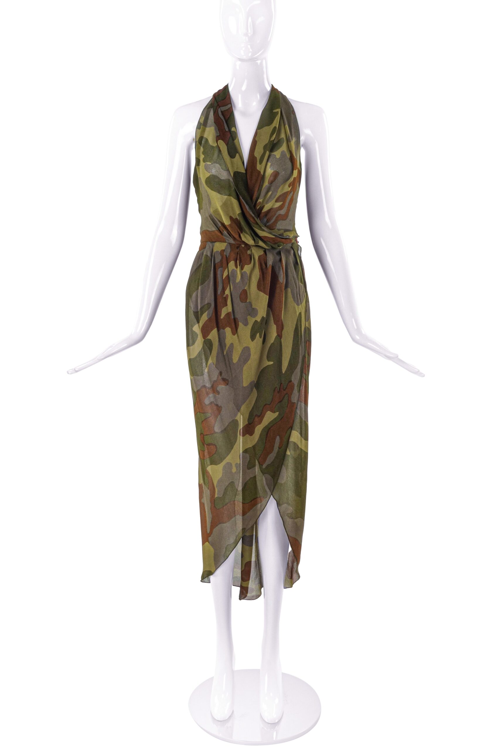 Krizia Green Camouflage Silk Print Halter Wrap Dress Krizia Green Camouflage Silk Print Halter Wrap Dress