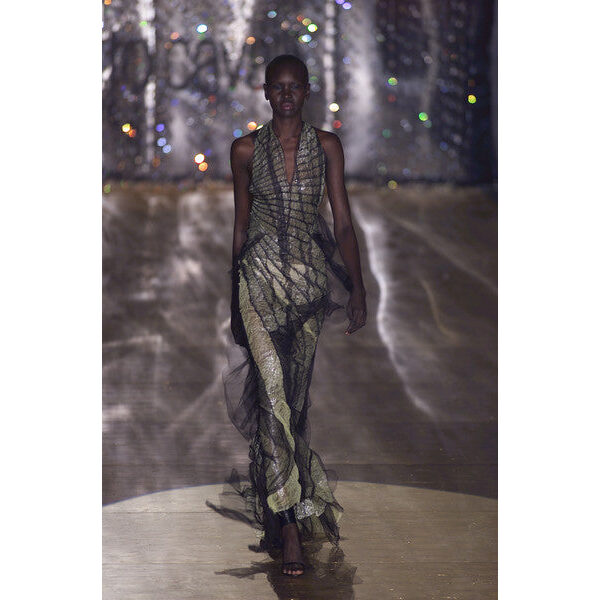 Roberto Cavalli Yellow with Black Tulle “Courtney Love” Dress Gown Spring Summer 2001 Runway