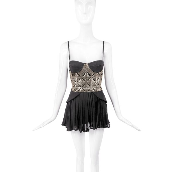 Versace Black With Copper Chainmail Pleated Mini Dress