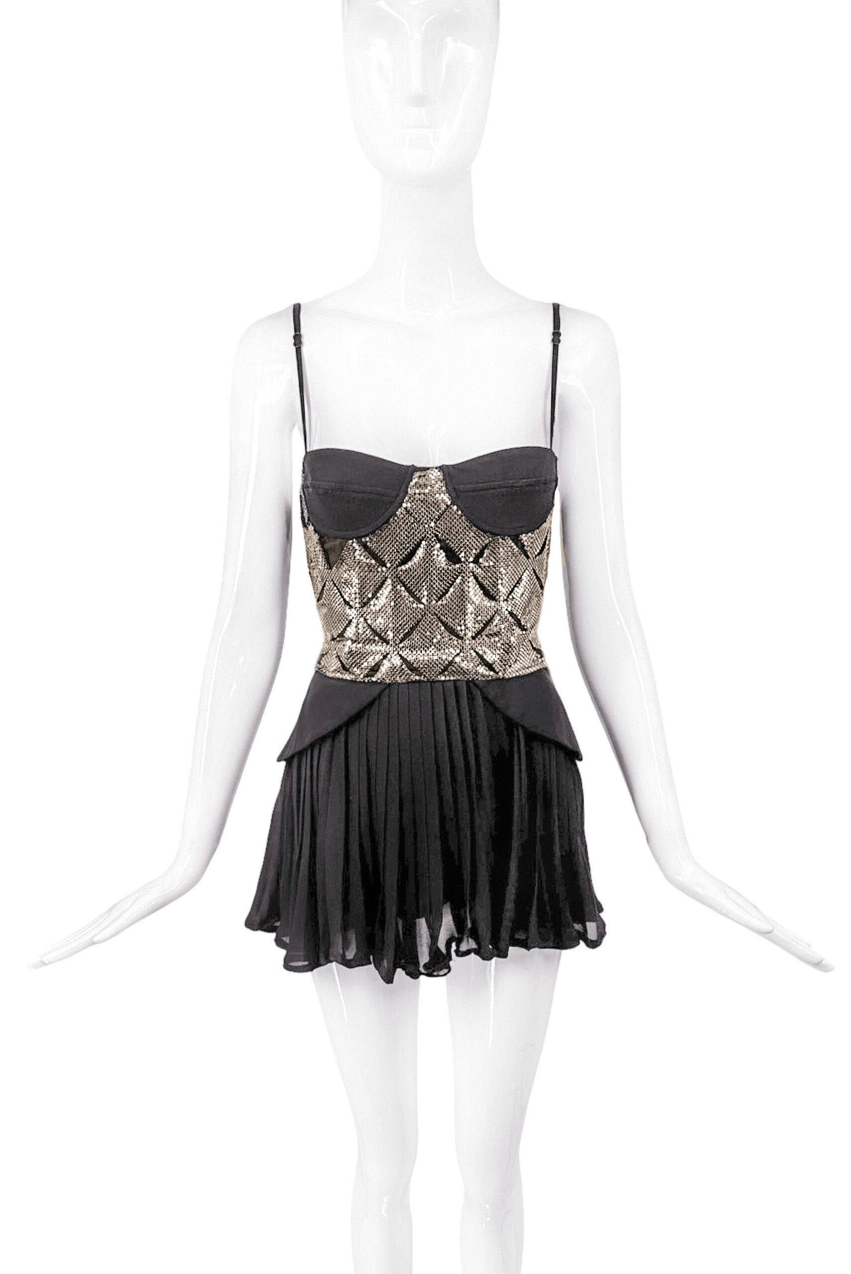 Versace Black With Copper Chainmail Pleated Mini Dress Versace Black With Copper Chainmail Pleated Mini Dress