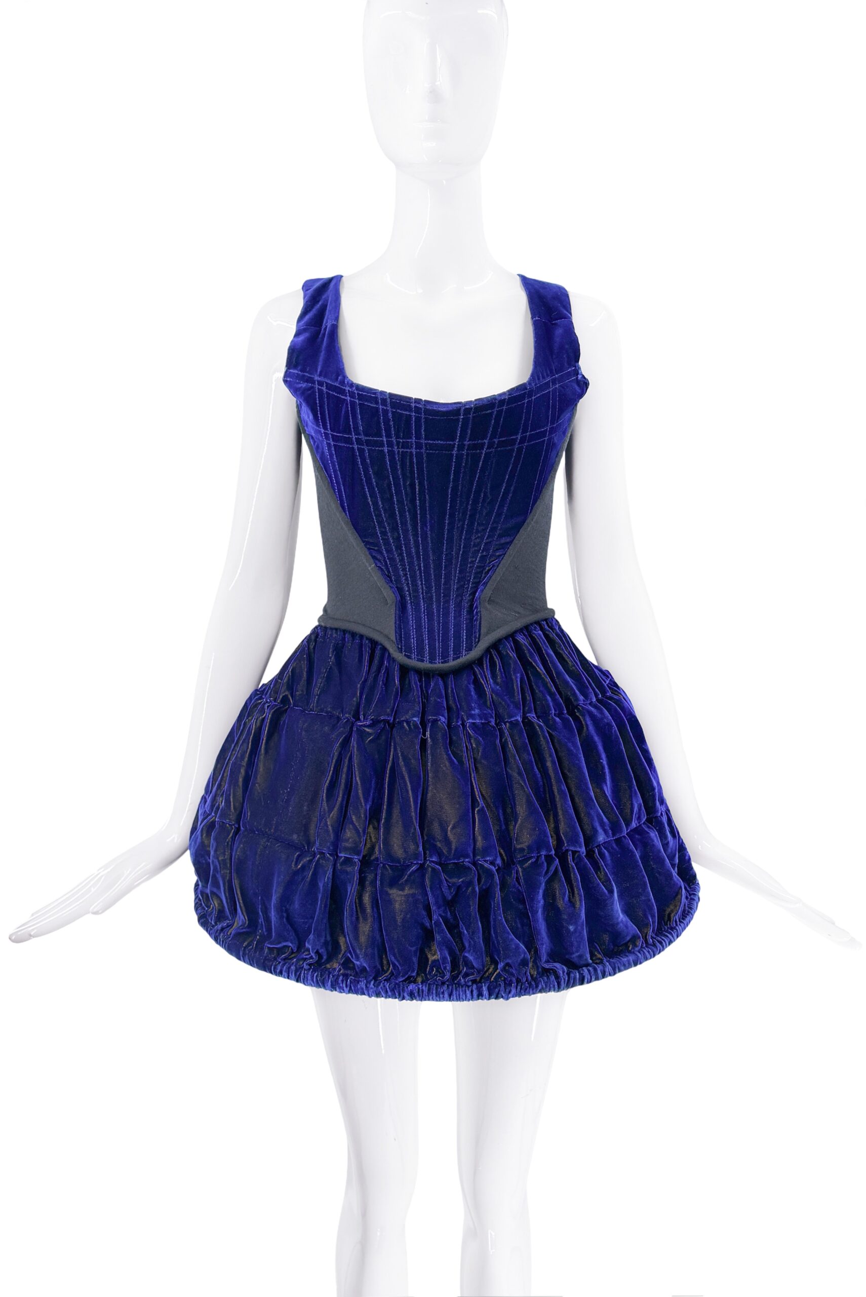 Vivienne Westwood Dark Blue Velvet Corset and Hoop Skirt Set from Autumn/Winter 1987 “Harris Tweed” collection Vivienne Westwood Dark Blue Velvet Corset and Hoop Skirt Set from Autumn/Winter 1987 “Harris Tweed” collection